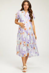 Lavender Floral Button Front Short Sleeve Tiered Maternity Midi Dress