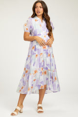 Lavender Floral Button Front Short Sleeve Tiered Maternity Midi Dress