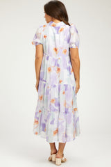 Lavender Floral Button Front Short Sleeve Tiered Maternity Midi Dress