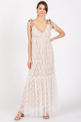 Beige V-Neck Satin Tie Lace Overlay Maternity Maxi Dress