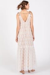 Beige V-Neck Satin Tie Lace Overlay Maxi Dress