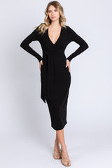 Black Ribbed Long Sleeve Maternity Wrap Dress