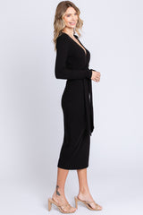 Black Ribbed Long Sleeve Wrap Dress