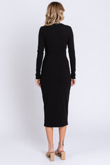 Black Ribbed Long Sleeve Wrap Dress