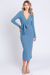 Blue Ribbed Long Sleeve Maternity Wrap Dress