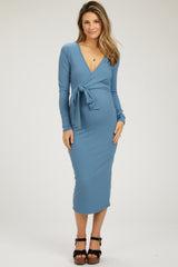 Blue Ribbed Long Sleeve Maternity Wrap Dress