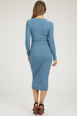 Blue Ribbed Long Sleeve Maternity Wrap Dress