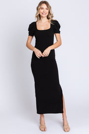 Black Ribbed Square Neck Side Slit Dress