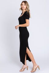 Black Ribbed Square Neck Side Slit Dress