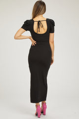 Black Ribbed Square Neck Side Slit Maternity Dress