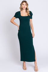 Hunter Green Ribbed Square Neck Side Slit Dress