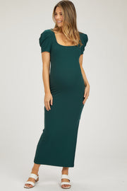 Hunter Green Ribbed Square Neck Side Slit Maternity Dress