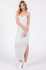 Light Blue Striped Knit Side Slit Sleeveless Maternity Midi Dress