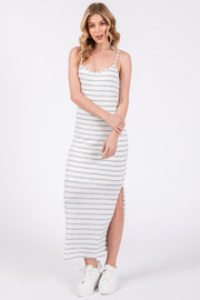 Light Blue Striped Knit Side Slit Sleeveless Midi Dress