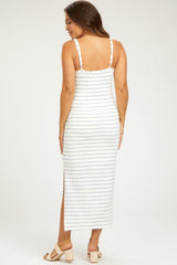 Light Blue Striped Knit Side Slit Sleeveless Maternity Midi Dress