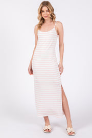 Light Pink Striped Knit Side Slit Sleeveless Midi Dress