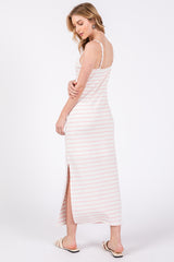 Light Pink Striped Knit Side Slit Sleeveless Midi Dress