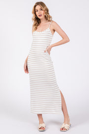 Mocha Striped Knit Side Slit Sleeveless Midi Dress