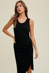 Black Sleeveless Ribbed Ruched Dress