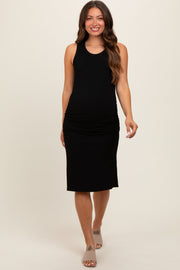 Black Sleeveless Ribbed Ruched Maternity Dress