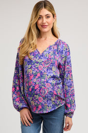 Purple Floral Long Sleeve Maternity Blouse