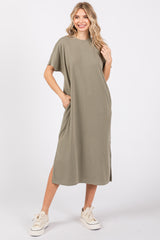 Light Olive Ribbed Short Dolman Sleeve Side Slit Maternity Midi Dress