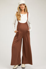 Mocha Ribbed Drawstring Wide Leg Maternity Jumpsuit