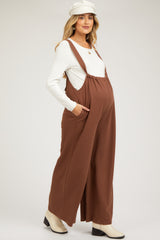 Mocha Ribbed Drawstring Wide Leg Maternity Jumpsuit