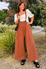 Mocha Ribbed Drawstring Wide Leg Jumpsuit