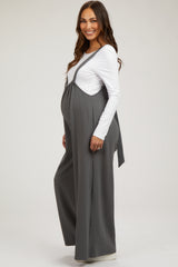 Grey Ribbed Drawstring Wide Leg Maternity Jumpsuit