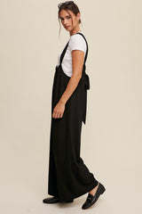 Black Ribbed Drawstring Wide Leg Jumpsuit