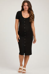 Black Ribbed Front Button Accent Short Sleeve Maternity Midi Dress