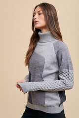 Grey Combo Turtleneck Multi Pattern Mixed Sweater Top