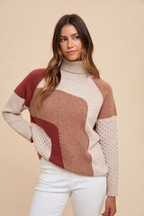 Mocha Combo Turtleneck Multi Pattern Mixed Sweater Top