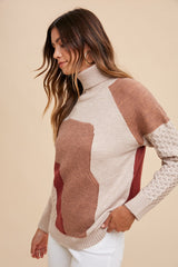 Mocha Combo Turtleneck Multi Pattern Mixed Sweater Top