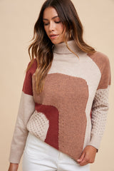 Mocha Combo Turtleneck Multi Pattern Mixed Sweater Top