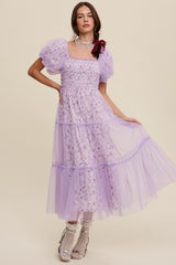 Lavender Floral Lined Smocked Tulle Midi Dress