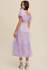 Lavender Floral Lined Smocked Tulle Midi Dress