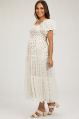 Cream Floral Lined Smocked Tulle Maternity Midi Dress