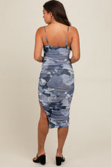 Blue Grey Abstract Print Fitted Maternity Dress