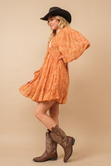 Orange Floral Smocked Long Sleeve Dress