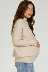 Beige Soft Knit Mock Neck Maternity Sweater