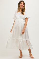 White Iridescent Textured Puff Sleeve Maternity Midi Dress