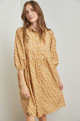 Camel Floral Button Front 3/4 Sleeve Maternity Dress