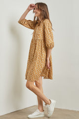 Camel Floral Button Front 3/4 Sleeve Dress