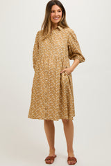 Camel Floral Button Front 3/4 Sleeve Maternity Dress