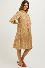 Camel Floral Button Front 3/4 Sleeve Maternity Dress