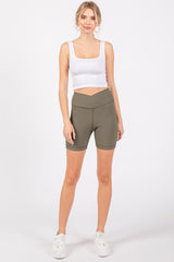 Olive Ribbed Crisscross Biker Shorts