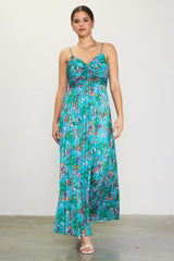 Teal Floral Pleated Ruched Front Maternity Midi Dress