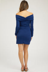 Navy Blue Foldover Off Shoulder Long Sleeve Maternity Dress